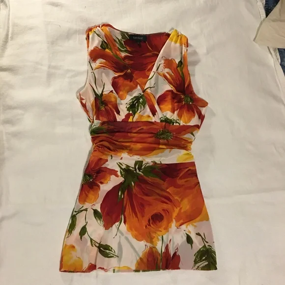 Karen Kane size L sleeveless rust/orange/gold floral blouse, body con, V-Neck - Picture 1 of 6